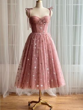 Teuta Matoshi Dusty Rose Star-Embroidered Tulle Midi Dress